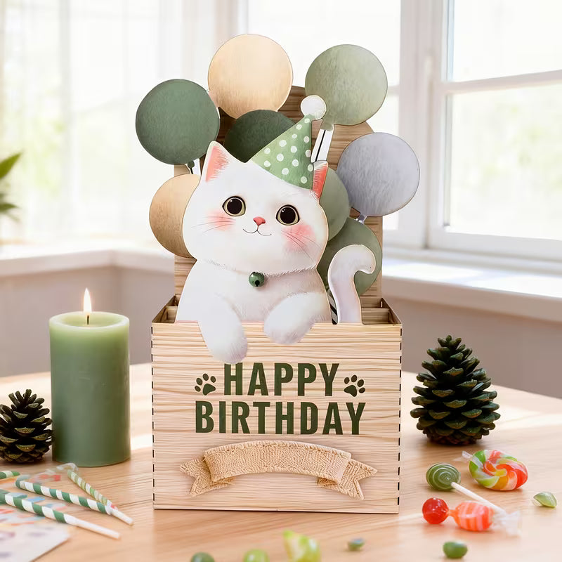 Tarjeta de Cumpleaños: Gatito Blanco Sorpresa
