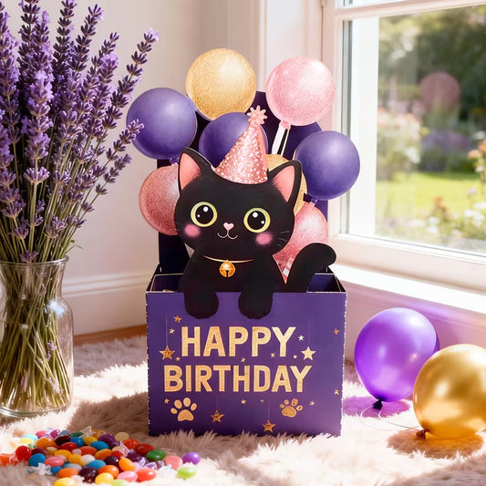 Tarjeta de Cumpleaños: Gatito Negro Sorpresa
