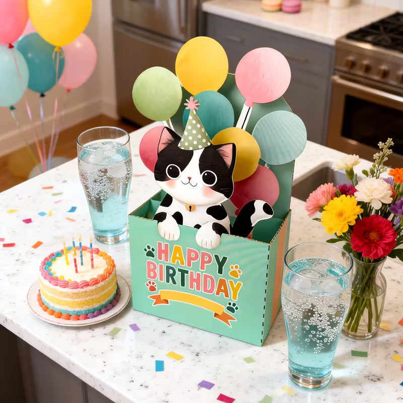 Tarjeta de Cumpleaños: Gatito Blanco y Negro Sorpresa